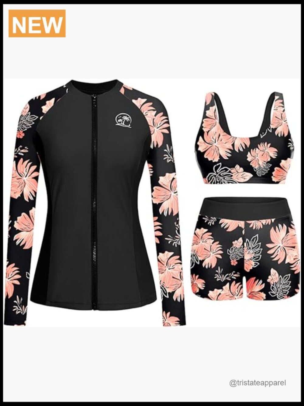Long Sleeve Rash Guard Set with Shorts Zipper SPF Swim Shirt Built in Bra